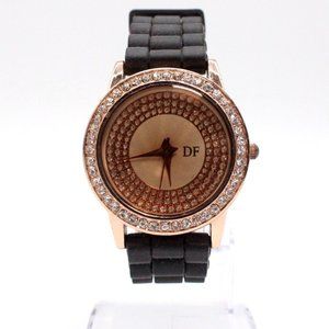 DF Watch Gold Tone Stainless Steel Classic Rhinestones Dial Black Rubber Band